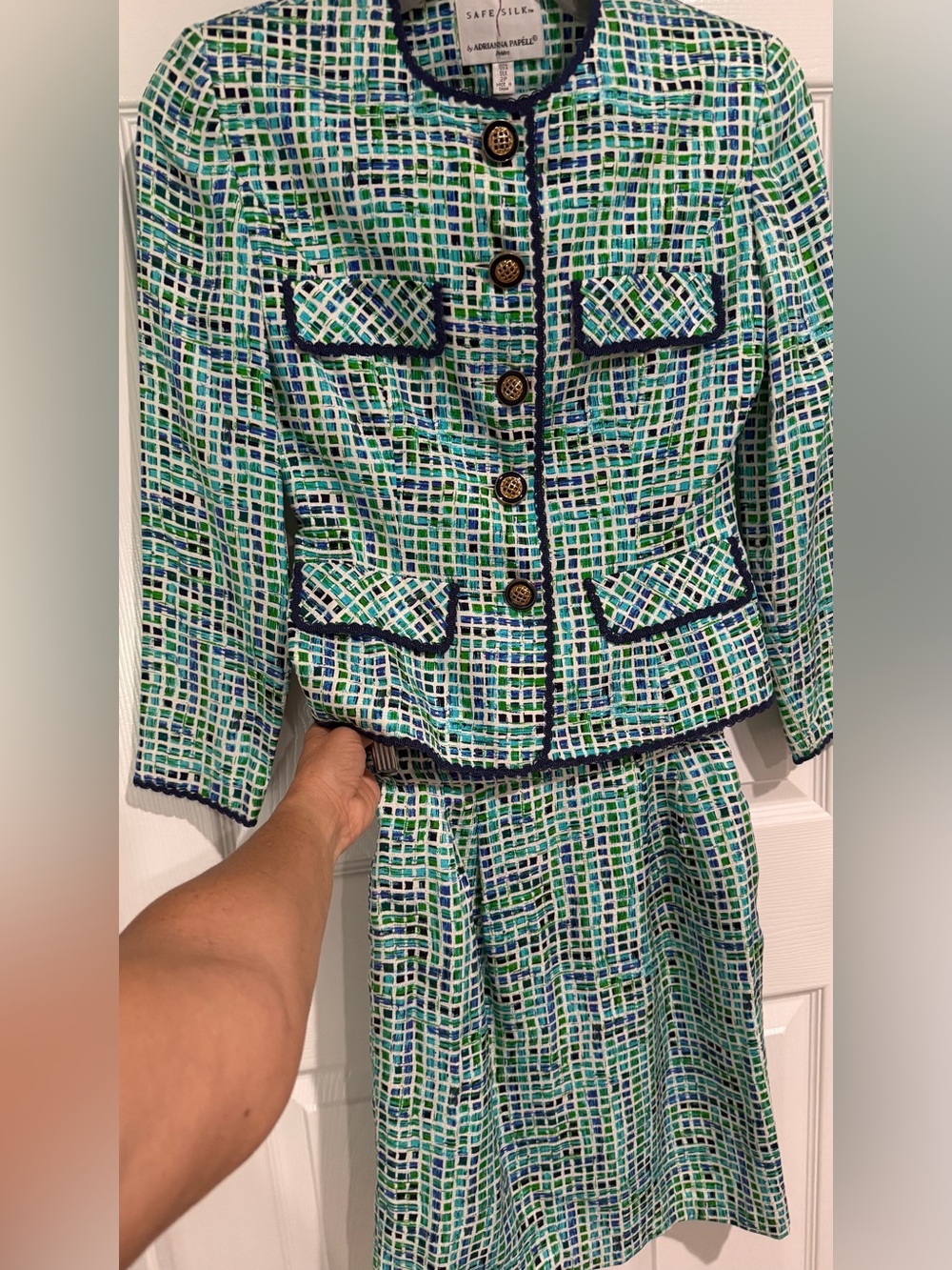 Vintage Adrianna Papell Blue and Green Safe Silk Suit